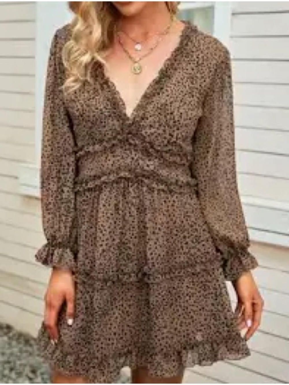 SHEIN Brown Printed Long Sleeve V-Neck Tiered Mini Dress